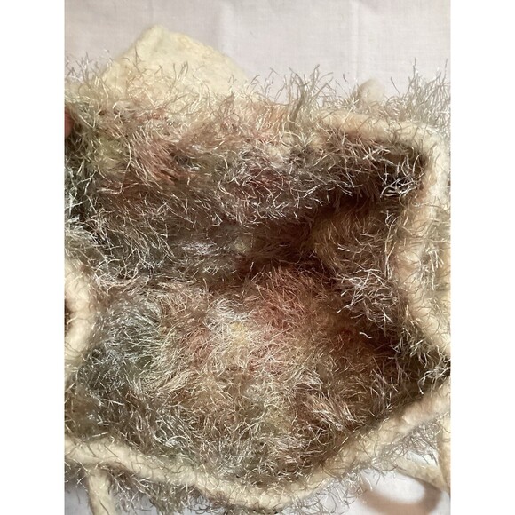 Handmade Felted Cream Wool Purse Bag Oatmeal Color Bronze Fluffy Boho Accent - Picture 9 of 13